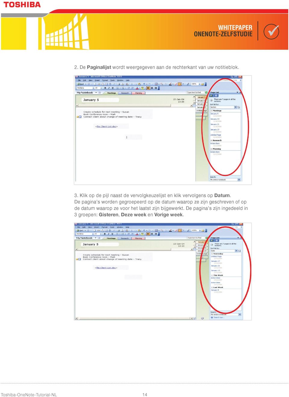 De pagina s worden gegroepeerd op de datum waarop ze zijn geschreven of op de datum waarop ze