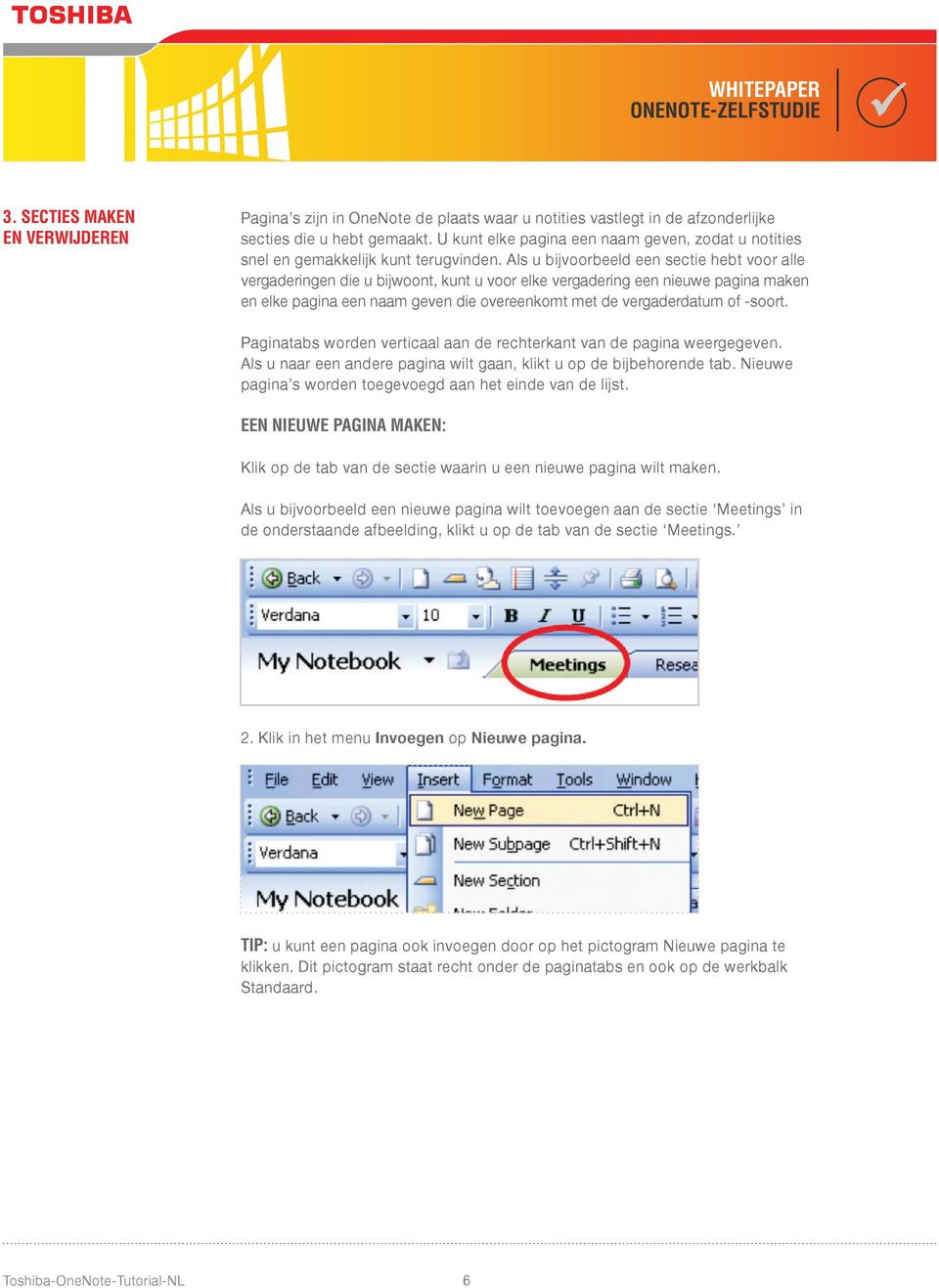 Als u bijvoorbeeld een sectie hebt voor alle vergaderingen die u bijwoont, kunt u voor elke vergadering een nieuwe pagina maken en elke pagina een naam geven die overeenkomt met de vergaderdatum of