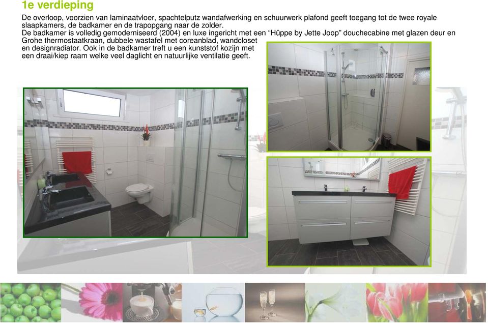 De badkamer is volledig gemoderniseerd (2004) en luxe ingericht met een Hüppe by Jette Joop douchecabine met glazen deur en Grohe
