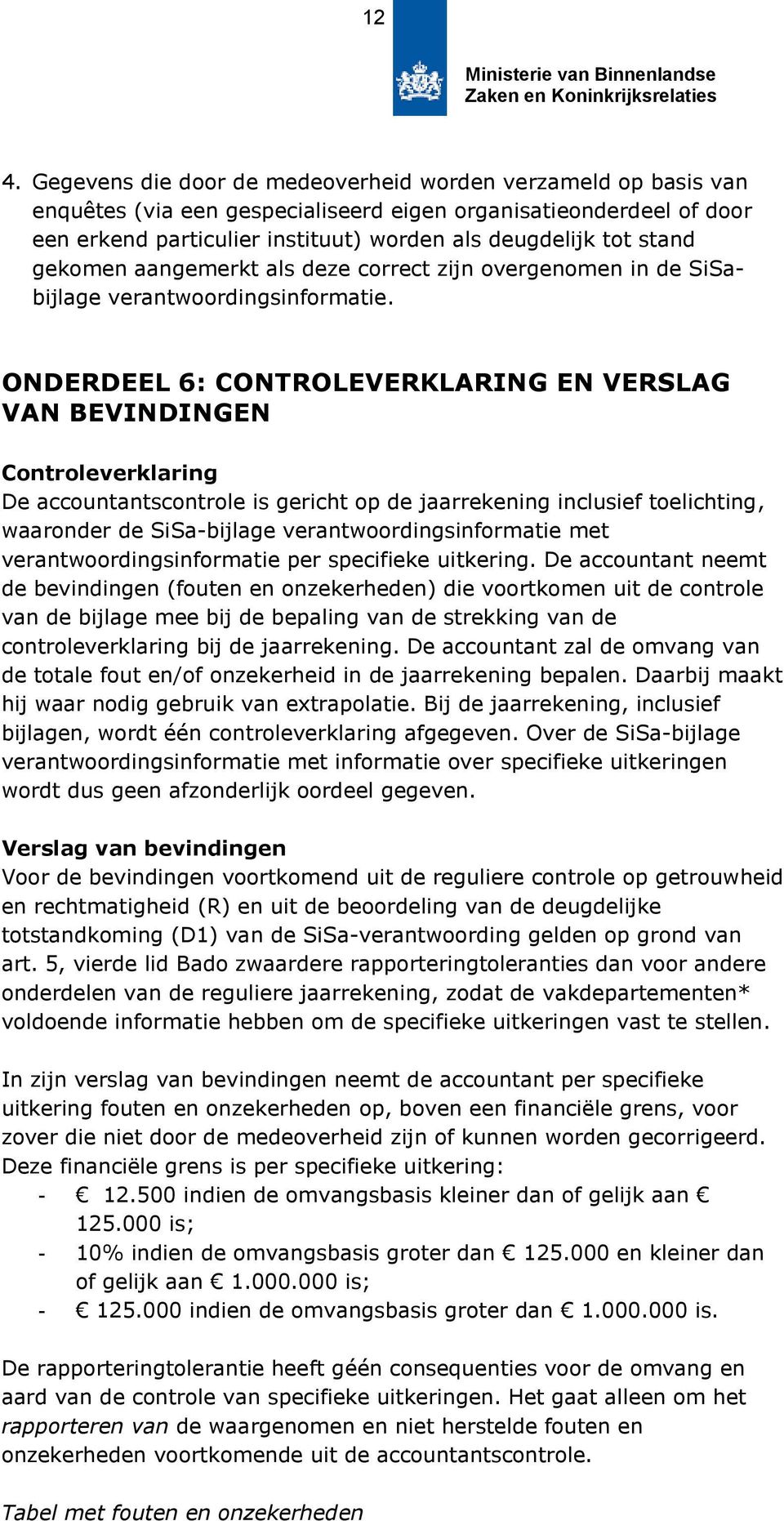 ONDERDEEL 6: CONTROLEVERKLARING EN VERSLAG VAN BEVINDINGEN Controleverklaring De accountantscontrole is gericht op de jaarrekening inclusief toelichting, waaronder de SiSa-bijlage