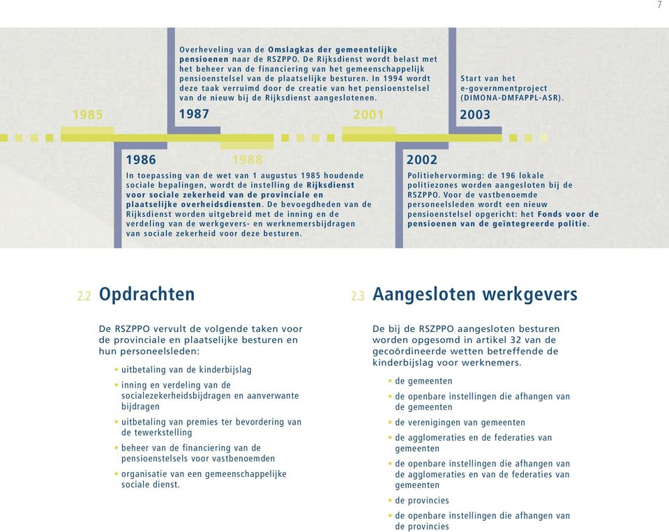 In 1994 wordt deze taak verruimd door de creatie van het pensioenstelsel van de nieuw bij de Rijksdienst aangeslotenen. 1987 2001 Start van het e-governmentproject (DIMONA-DMFAPPL-ASR).