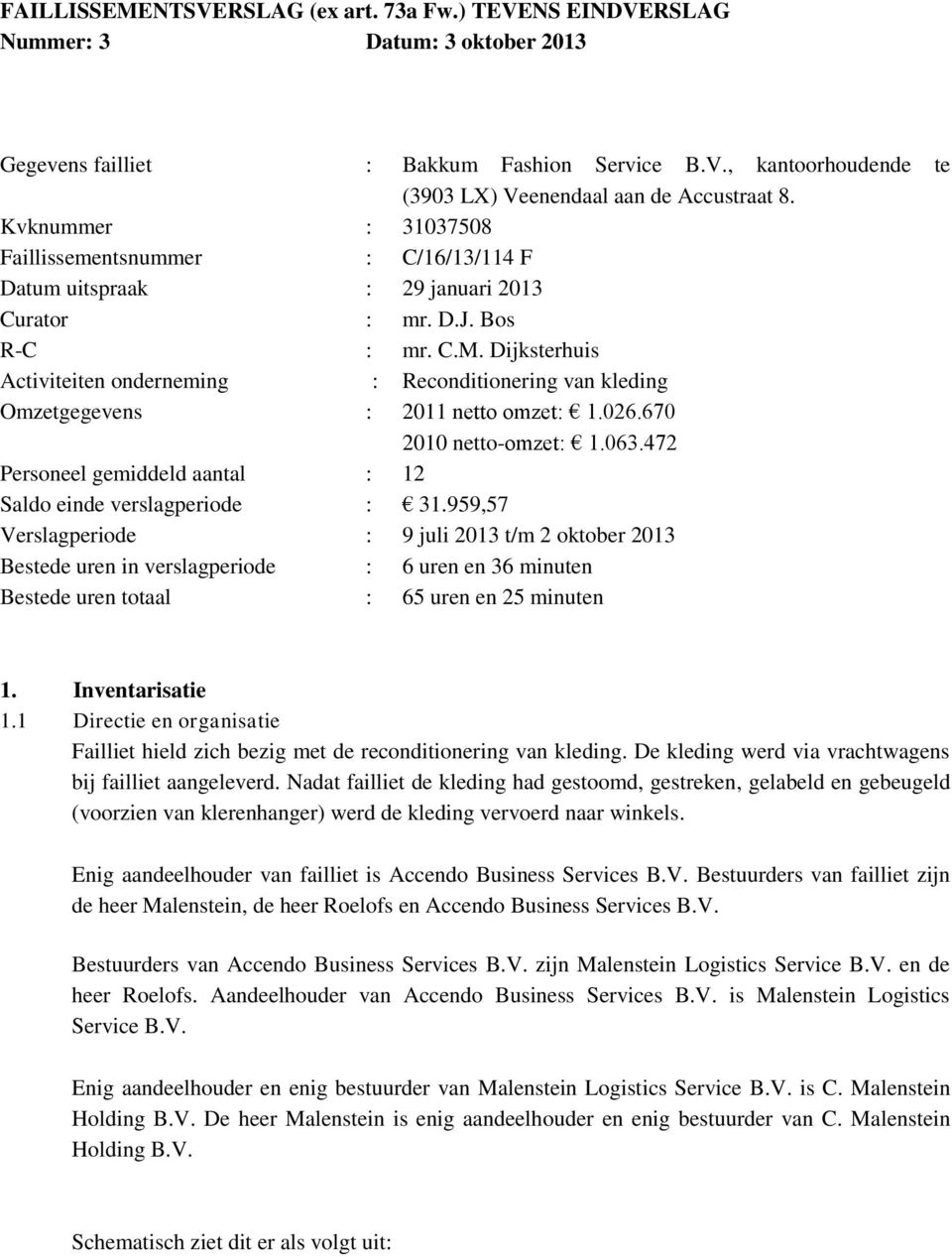 Dijksterhuis Activiteiten onderneming : Reconditionering van kleding Omzetgegevens : 2011 netto omzet: 1.026.670 2010 netto-omzet: 1.063.