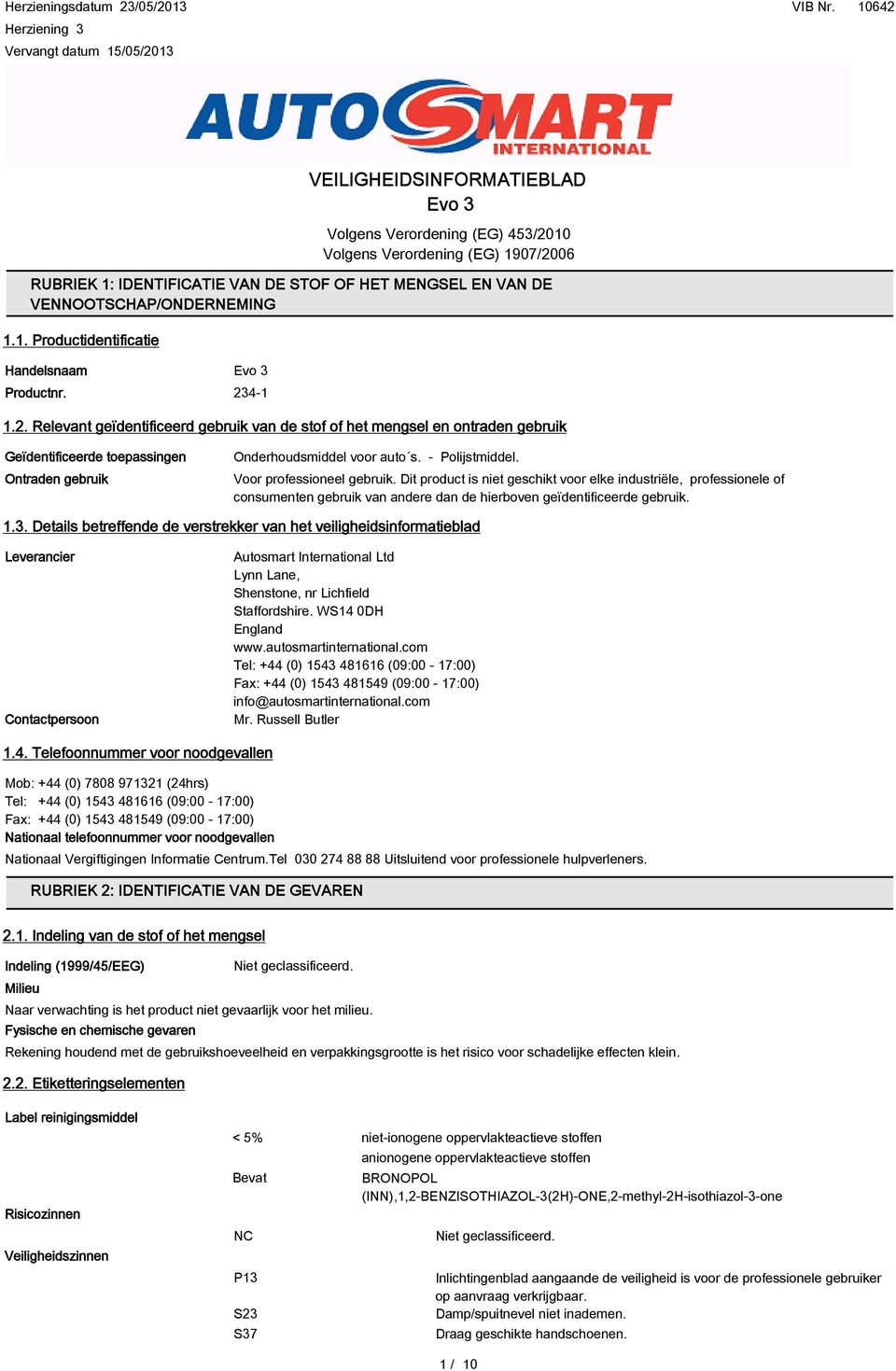 4-1 1.2. Relevant geïdentificeerd gebruik van de stof of het mengsel en ontraden gebruik Geïdentificeerde toepassingen Ontraden gebruik Onderhoudsmiddel voor auto s. - Polijstmiddel.