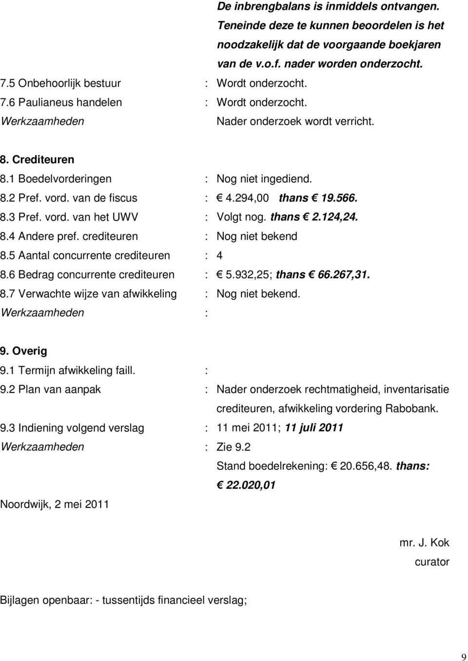 van de fiscus : 4.294,00 thans 19.566. 8.3 Pref. vord. van het UWV : Volgt nog. thans 2.124,24. 8.4 Andere pref. crediteuren : Nog niet bekend 8.5 Aantal concurrente crediteuren : 4 8.