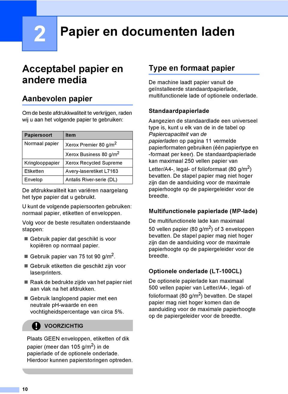 naargelang het type papier dat u gebruikt. U kunt de volgende papiersoorten gebruiken: normaal papier, etiketten of enveloppen.
