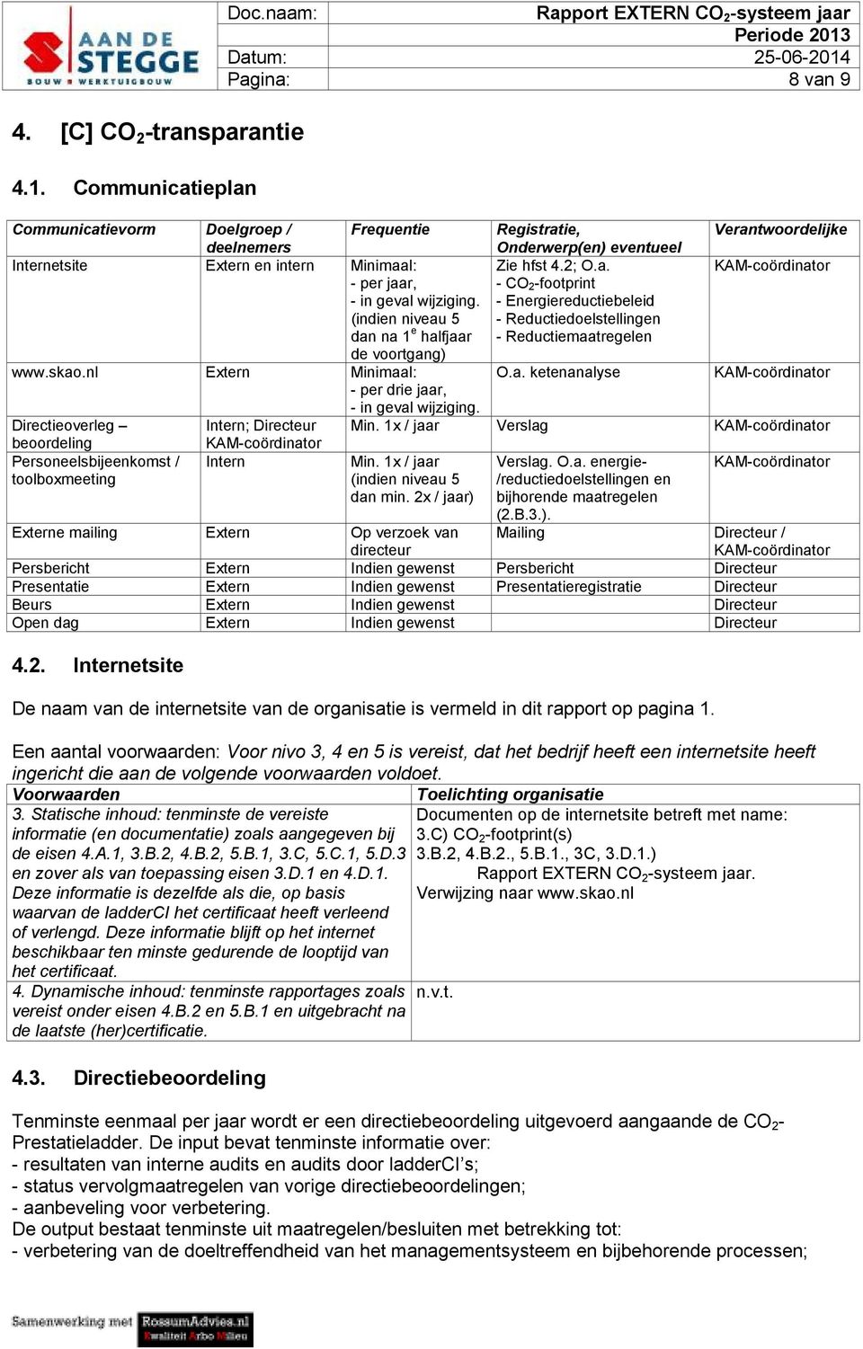 Minimaal: Zie hfst 4.2; O.a. - per jaar, - in geval wijziging.