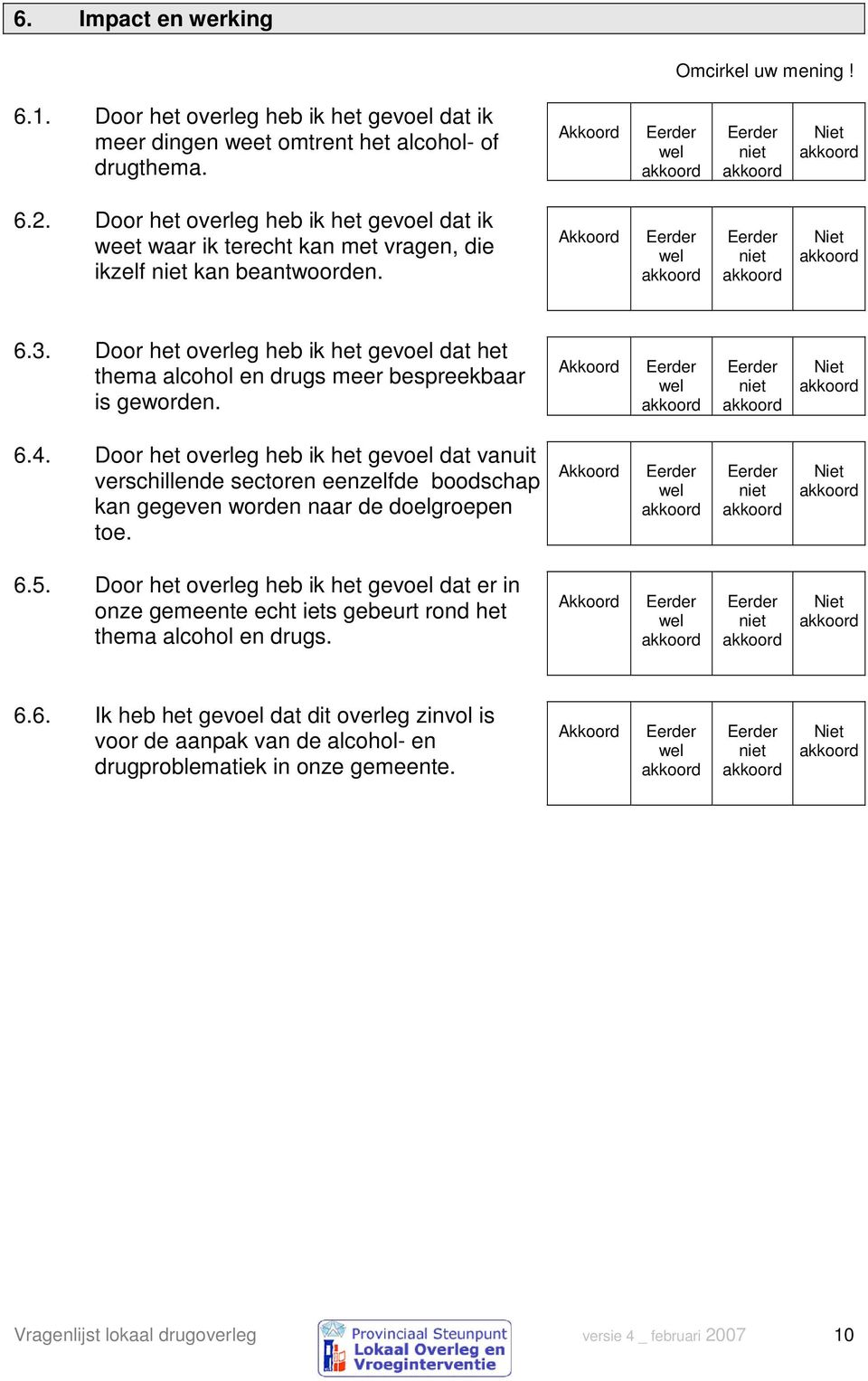 Door het overleg heb ik het gevoel dat het thema alcohol en drugs meer bespreekbaar is geworden. 6.4.