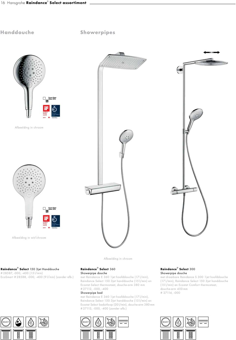 ) Raindance Select 360 Showerpipe douche met Raindance E 360 1jet hoofddouche (17 l/min), Raindance Select 150 3jet handdouche (15 l/min) en Ecostat Select thermostaat, douche-arm 380 mm # 27112,