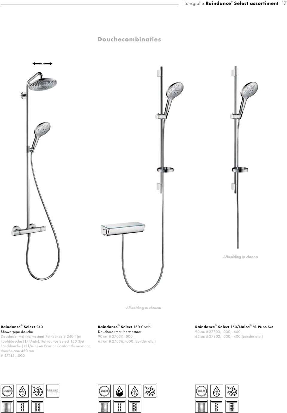 Ecostat Comfort thermostaat, douche-arm 450 mm # 27115, -000 Raindance Select 150 Combi Doucheset met thermostaat 90 cm # 27037,