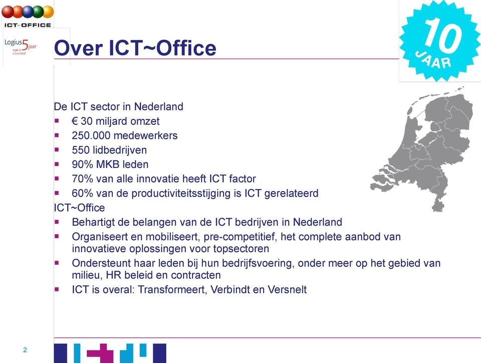 gerelateerd ICT~Office Behartigt de belangen van de ICT bedrijven in Nederland Organiseert en mobiliseert, pre-competitief, het