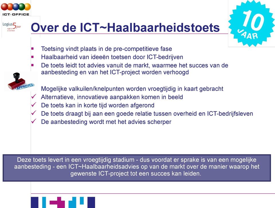 beeld De toets kan in korte tijd worden afgerond De toets draagt bij aan een goede relatie tussen overheid en ICT-bedrijfsleven De aanbesteding wordt met het advies scherper Deze toets levert