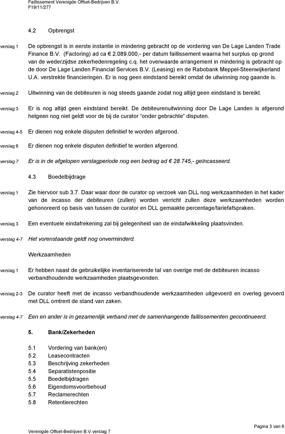 V. (Leasing) en de Rabobank Meppel-Steenwijkerland U.A. verstrekte financieringen. Er is nog geen eindstand bereikt omdat de uitwinning nog gaande is.