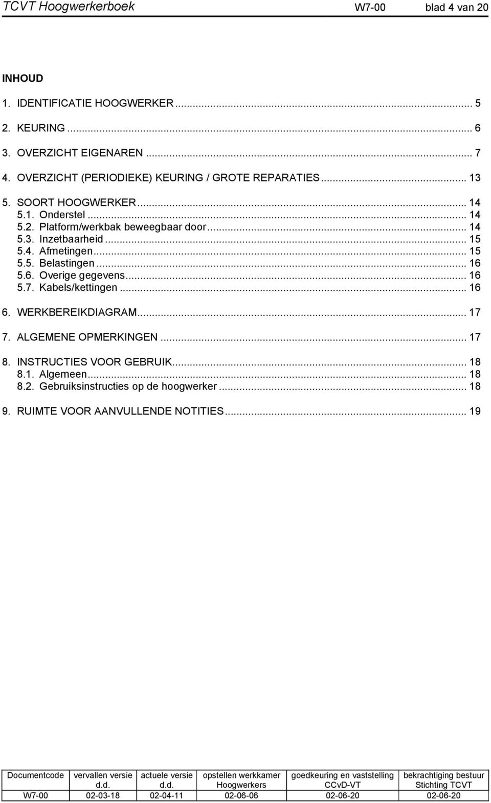 .. 15 5.4. Afmetingen... 15 5.5. Belastingen... 16 5.6. Overige gegevens... 16 5.7. Kabels/kettingen... 16 6. WERKBEREIKDIAGRAM... 17 7.