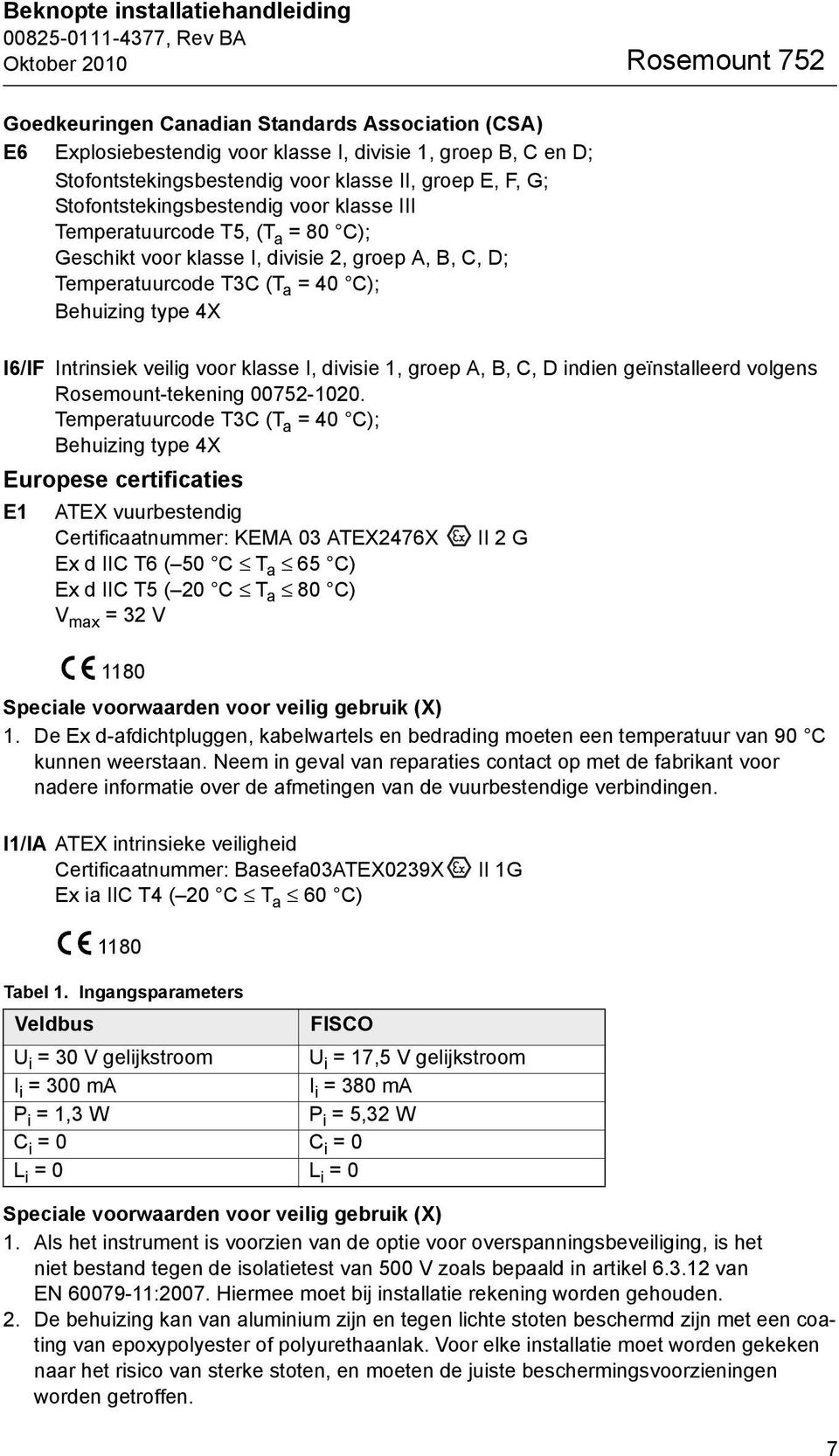 I6/IF Intrinsiek veilig voor klasse I, divisie 1, groep A, B, C, D indien geïnstalleerd volgens Rosemount-tekening 00752-1020.