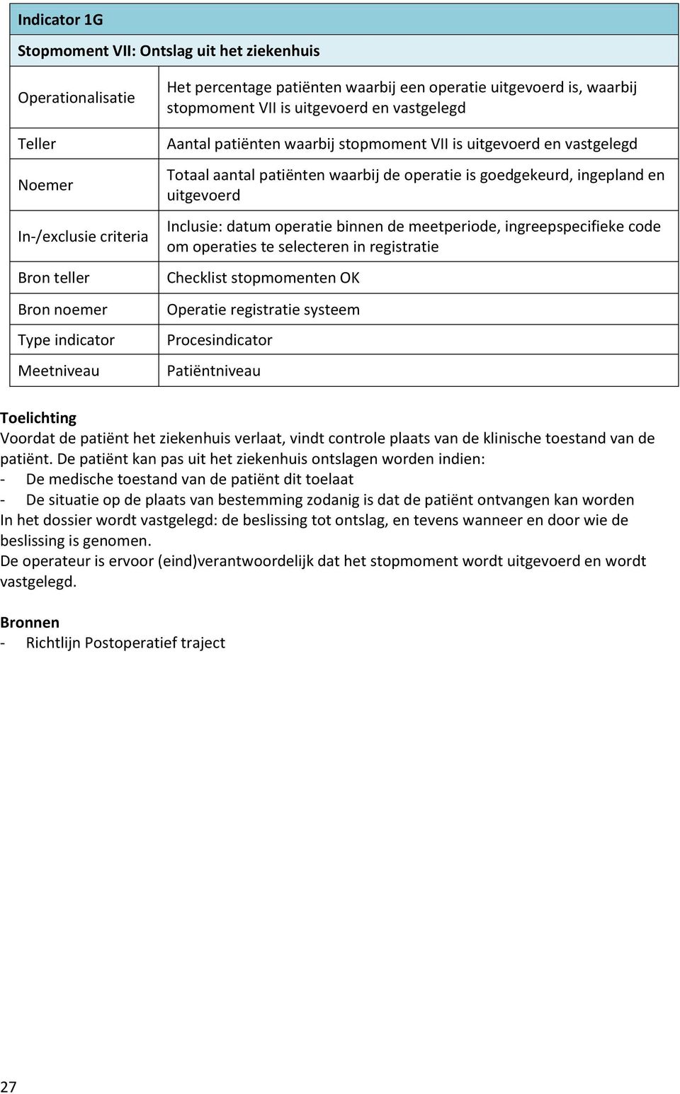 uitgevoerd Inclusie: datum operatie binnen de meetperiode, ingreepspecifieke code om operaties te selecteren in registratie Checklist stopmomenten OK Operatie registratie systeem Procesindicator