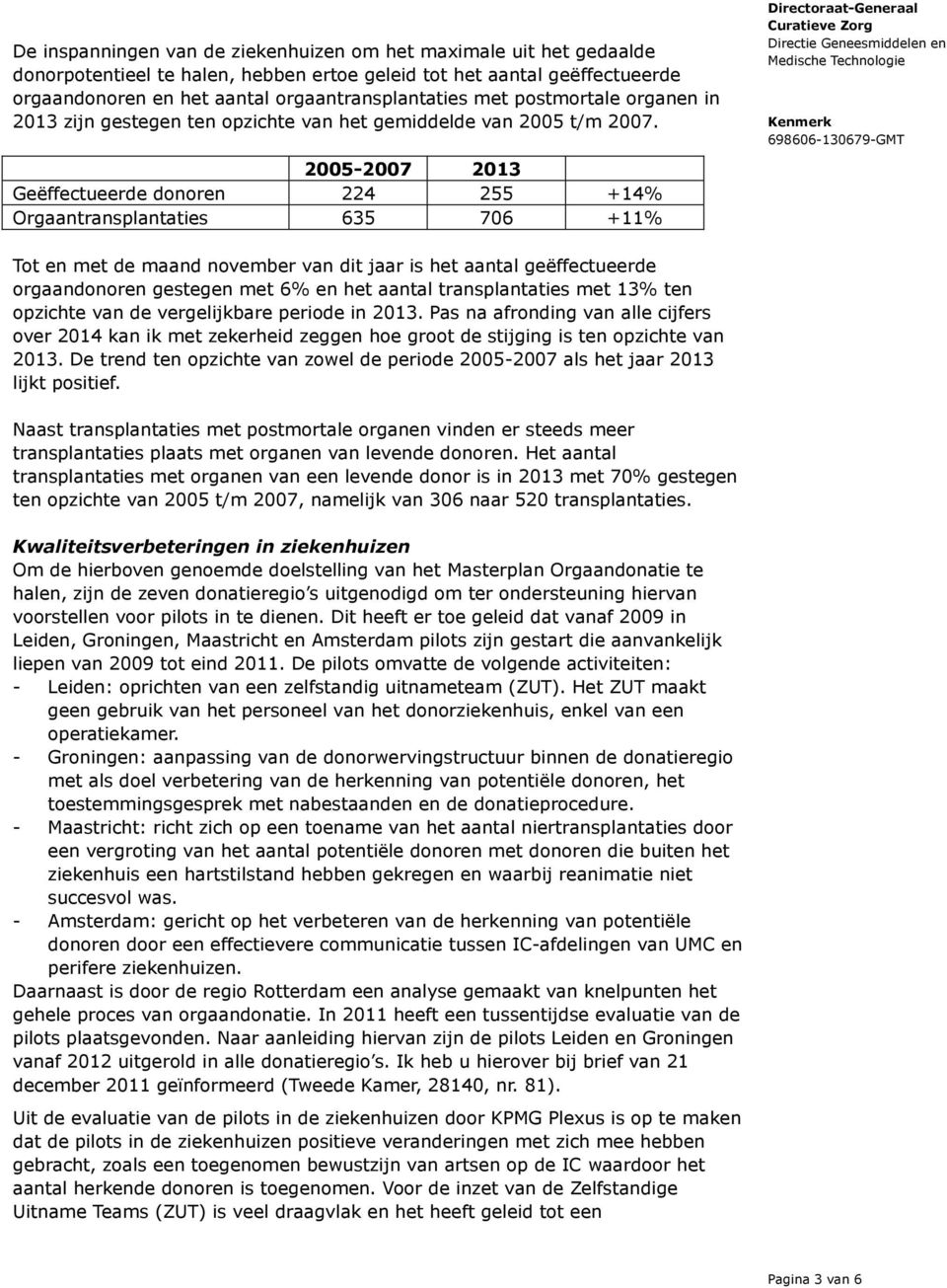 2005-2007 2013 Geëffectueerde donoren 224 255 +14% Orgaantransplantaties 635 706 +11% Tot en met de maand november van dit jaar is het aantal geëffectueerde orgaandonoren gestegen met 6% en het