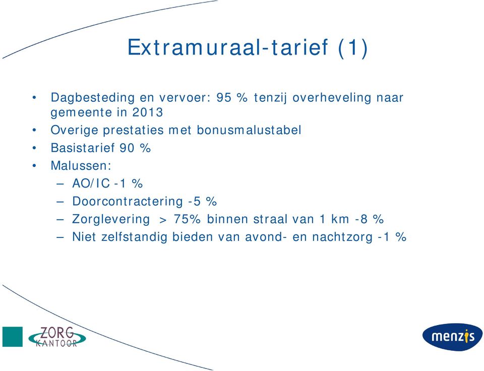 90 % Malussen: AO/IC -1 % Doorcontractering -5 % Zorglevering > 75%