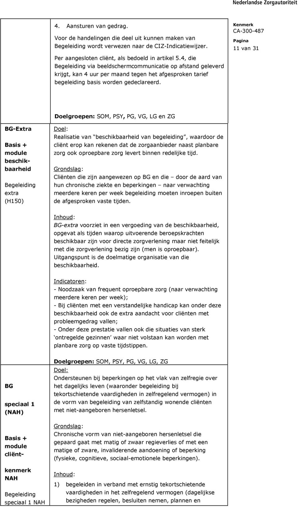 Doelgroepen: SOM, PSY, PG, VG, LG en ZG BG-Extra Basis + beschikbaarheid Begeleiding extra (H150) Realisatie van beschikbaarheid van begeleiding, waardoor de cliënt erop kan rekenen dat de