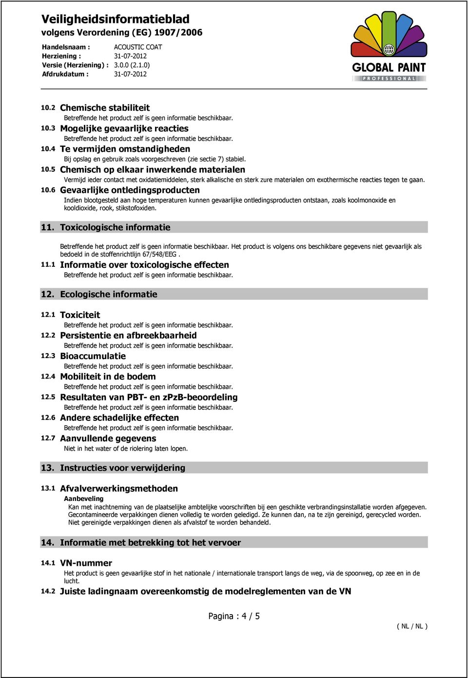 Toxicologische informatie Het product is volgens ons beschikbare gegevens niet gevaarlijk als bedoeld in de stoffenrichtlijn 67/548/EEG. 11.1 Informatie over toxicologische effecten 12.