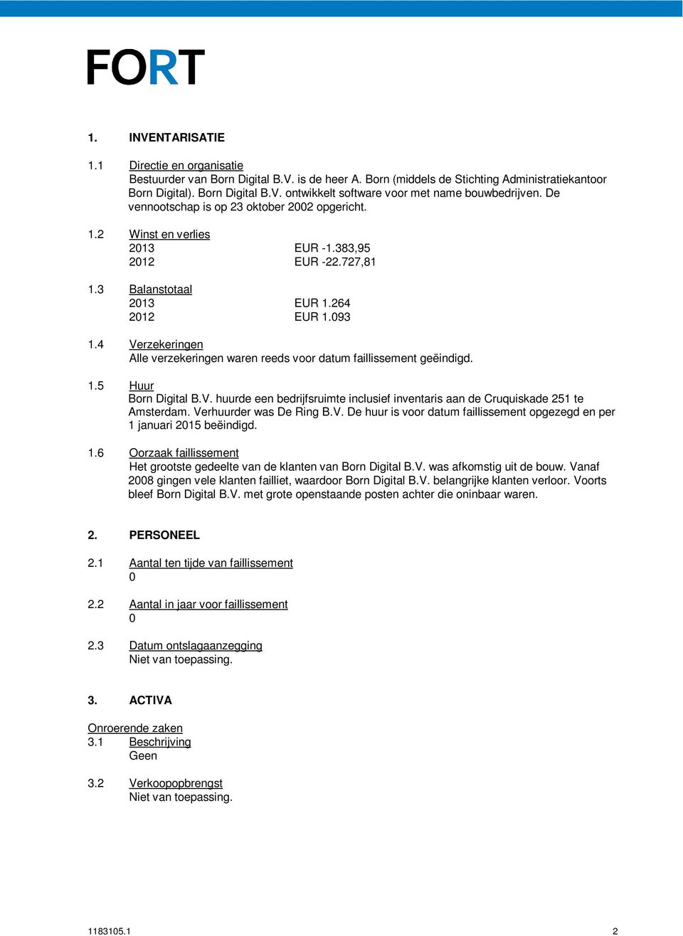 4 Verzekeringen Alle verzekeringen waren reeds voor datum faillissement geëindigd. 1.5 Huur Born Digital B.V. huurde een bedrijfsruimte inclusief inventaris aan de Cruquiskade 251 te Amsterdam.