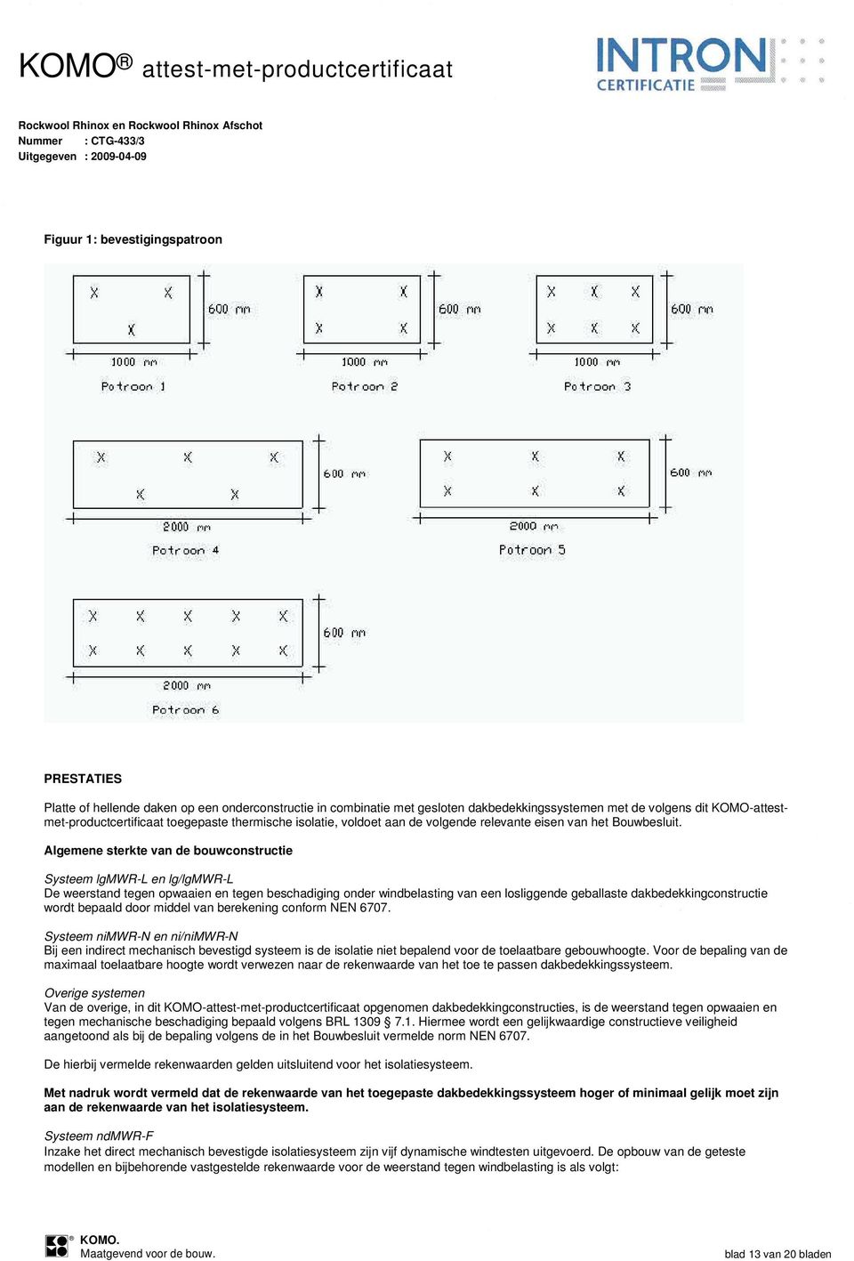 Algemene sterkte van de bouwconstructie Systeem lgmwr-l en lg/lgmwr-l De weerstand tegen opwaaien en tegen beschadiging onder windbelasting van een losliggende geballaste dakbedekkingconstructie