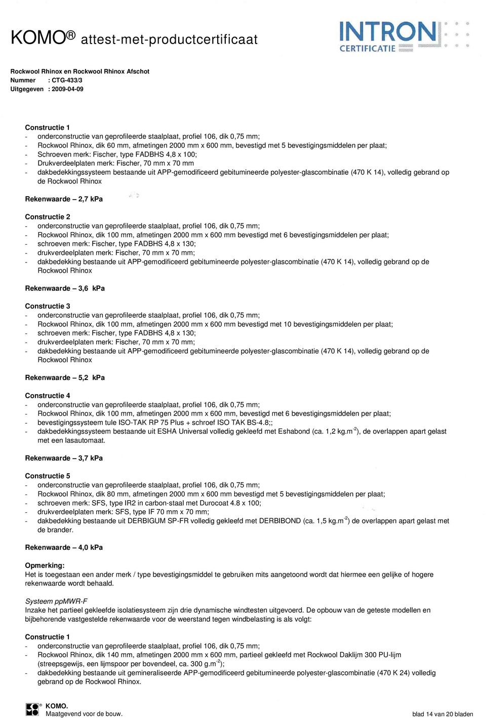 14), volledig gebrand op de Rockwool Rhinox Rekenwaarde 2,7 kpa Constructie 2 - onderconstructie van geprofileerde staalplaat, profiel 106, dik 0,75 mm; - Rockwool Rhinox, dik 100 mm, afmetingen 2000