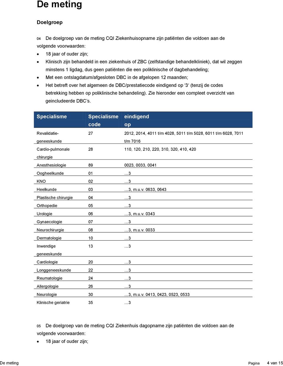 betreft over het algemeen de DBC/prestatiecode eindigend op 3 (tenzij de codes betrekking hebben op poliklinische behandeling). Zie hieronder een compleet overzicht van geincludeerde DBC s.