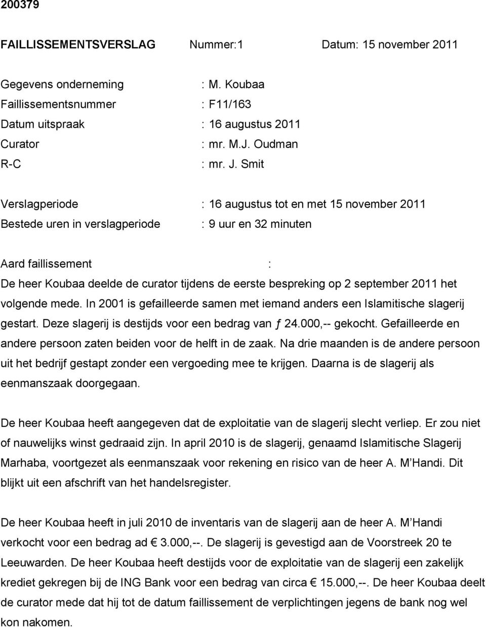 op 2 september 2011 het volgende mede. In 2001 is gefailleerde samen met iemand anders een Islamitische slagerij gestart. Deze slagerij is destijds voor een bedrag van ƒ 24.000,-- gekocht.