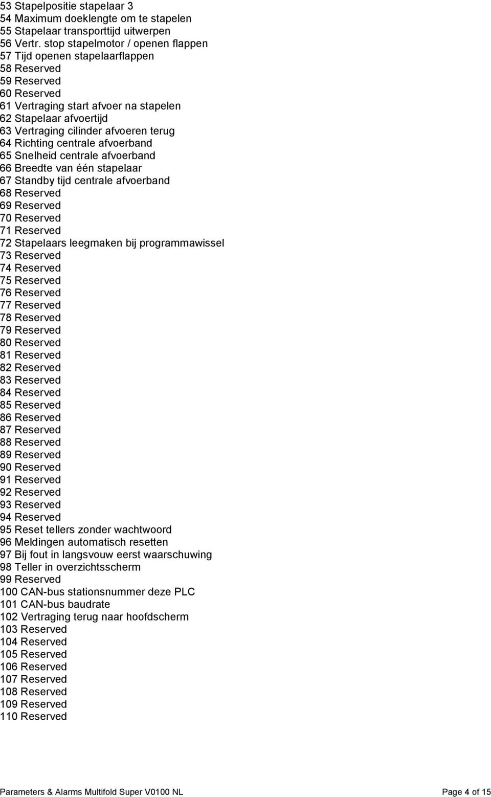 terug 64 Richting centrale afvoerband 65 Snelheid centrale afvoerband 66 Breedte van één stapelaar 67 Standby tijd centrale afvoerband 68 Reserved 69 Reserved 70 Reserved 71 Reserved 72 Stapelaars