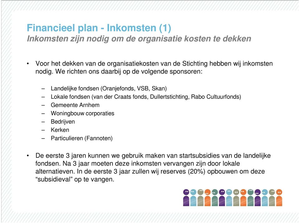 We richten ons daarbij op de volgende sponsoren: Landelijke fondsen (Oranjefonds, VSB, Skan) Lokale fondsen (van der Craats fonds, Dullertstichting, Rabo Cultuurfonds)