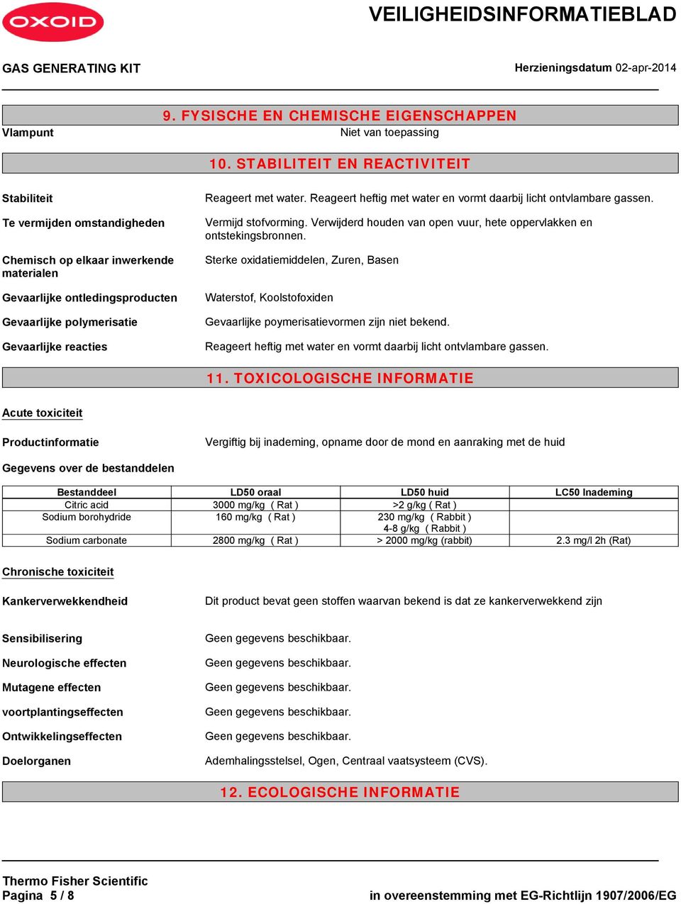 met water. Reageert heftig met water en vormt daarbij licht ontvlambare gassen. Vermijd stofvorming. Verwijderd houden van open vuur, hete oppervlakken en ontstekingsbronnen.