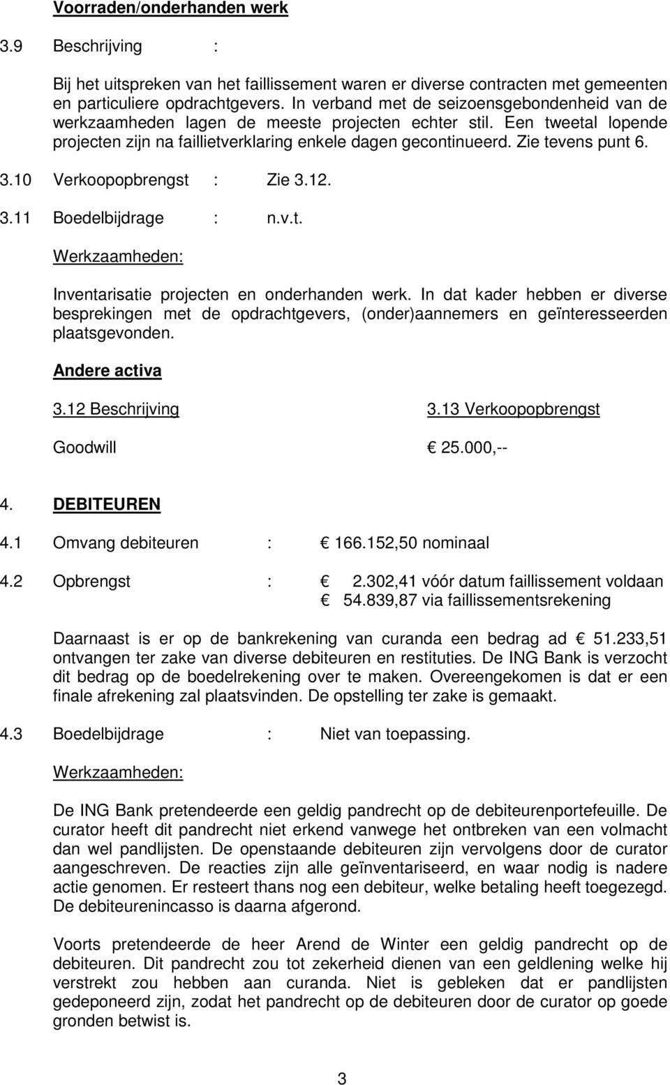 Zie tevens punt 6. 3.10 Verkoopopbrengst : Zie 3.12. 3.11 Boedelbijdrage : n.v.t. Inventarisatie projecten en onderhanden werk.