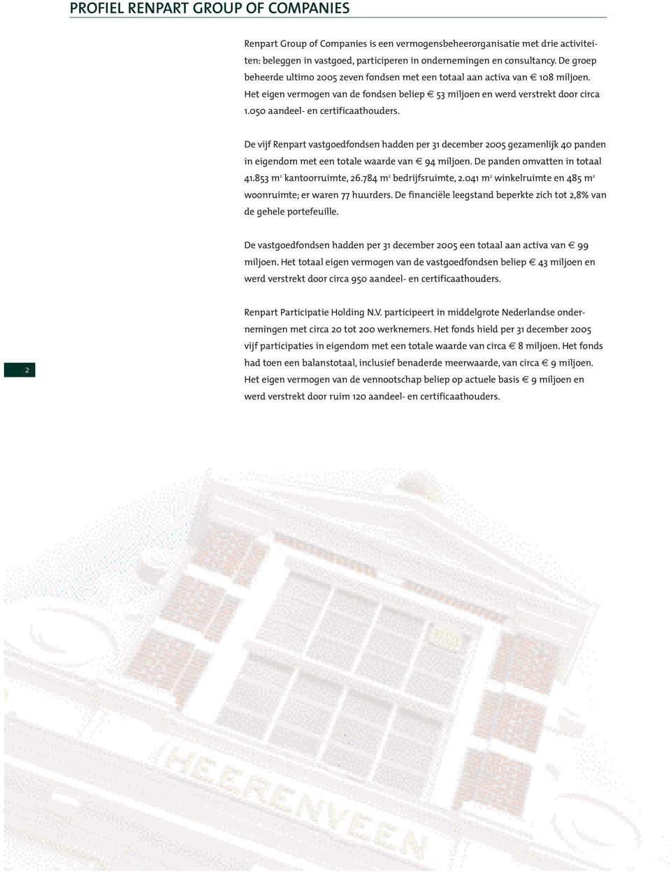 050 aandeel- en certificaathouders. De vijf Renpart vastgoedfondsen hadden per 31 december 2005 gezamenlijk 40 panden in eigendom met een totale waarde van 94 miljoen. De panden omvatten in totaal 41.