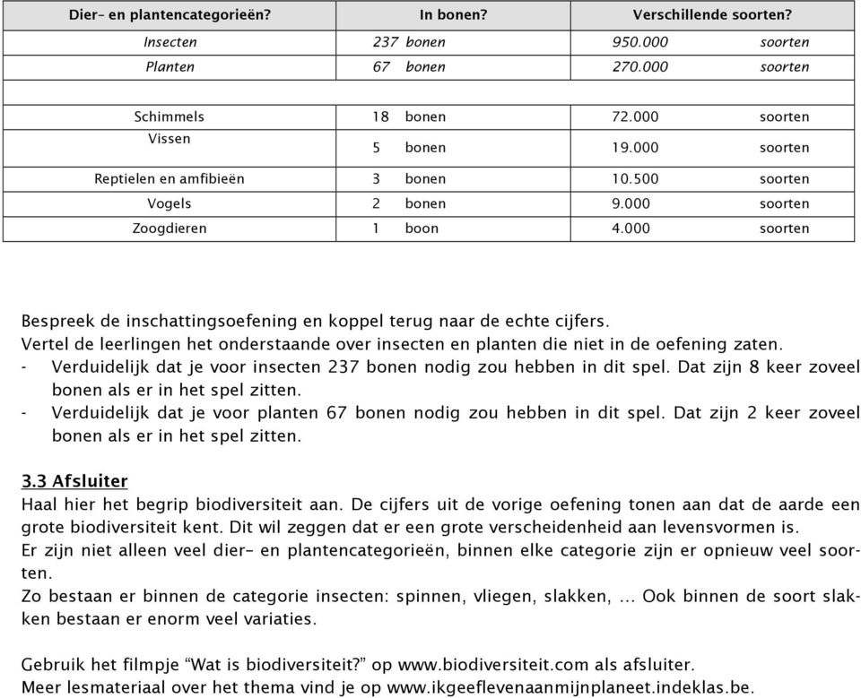 Vertel de leerlingen het onderstaande over insecten en planten die niet in de oefening zaten. - Verduidelijk dat je voor insecten 237 bonen nodig zou hebben in dit spel.