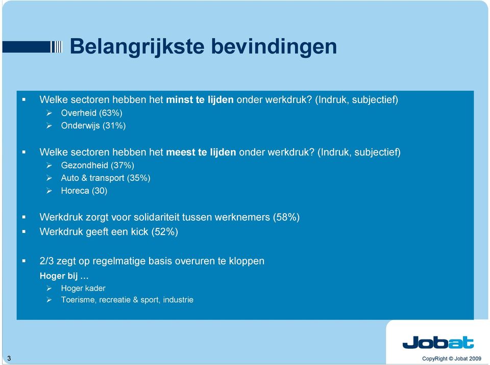 (Indruk, subjectief) Gezondheid (3%) Auto & transport (3%) Horeca () Werkdruk zorgt voor solidariteit tussen werknemers