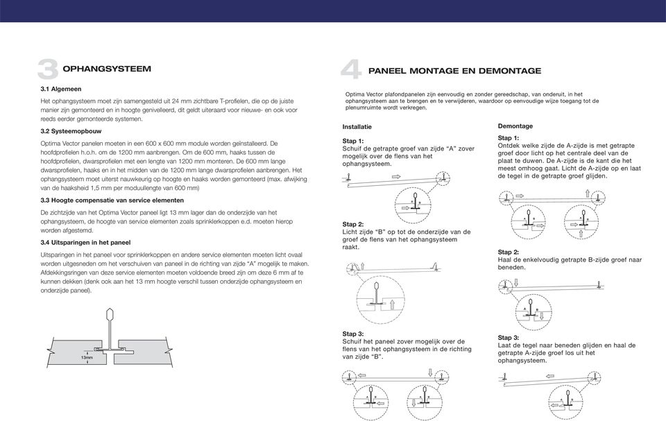 reeds eerder gemonteerde systemen. 3.2 Systeemopbouw Optima Vector panelen moeten in een 600 x 600 mm module worden geïnstalleerd. De hoofdprofielen h.o.h. om de 1200 mm aanbrengen.