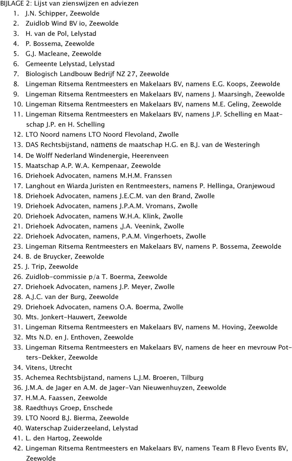 Lingeman Ritsema Rentmeesters en Makelaars BV, namens J. Maarsingh, Zeewolde 10. Lingeman Ritsema Rentmeesters en Makelaars BV, namens M.E. Geling, Zeewolde 11.