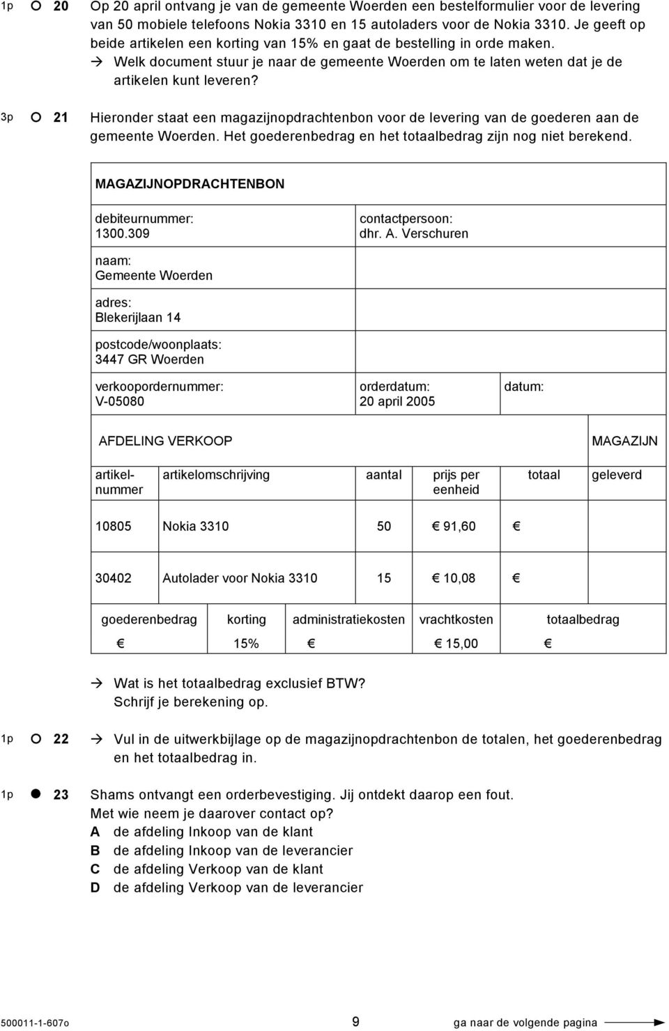 Hieronder staat een magazijnopdrachtenbon voor de levering van de goederen aan de gemeente Woerden. Het goederenbedrag en het totaalbedrag zijn nog niet berekend.