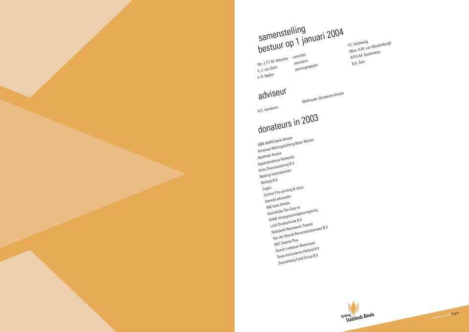 Isendoorn Wethouder Gemeente Almelo donateurs in 2003 ABN AMRO bank Almelo Almelose Woningstichting Beter Wonen Apotheek Acacia Apparatenbouw Holtkamp Asito Dienstverlening B.V.