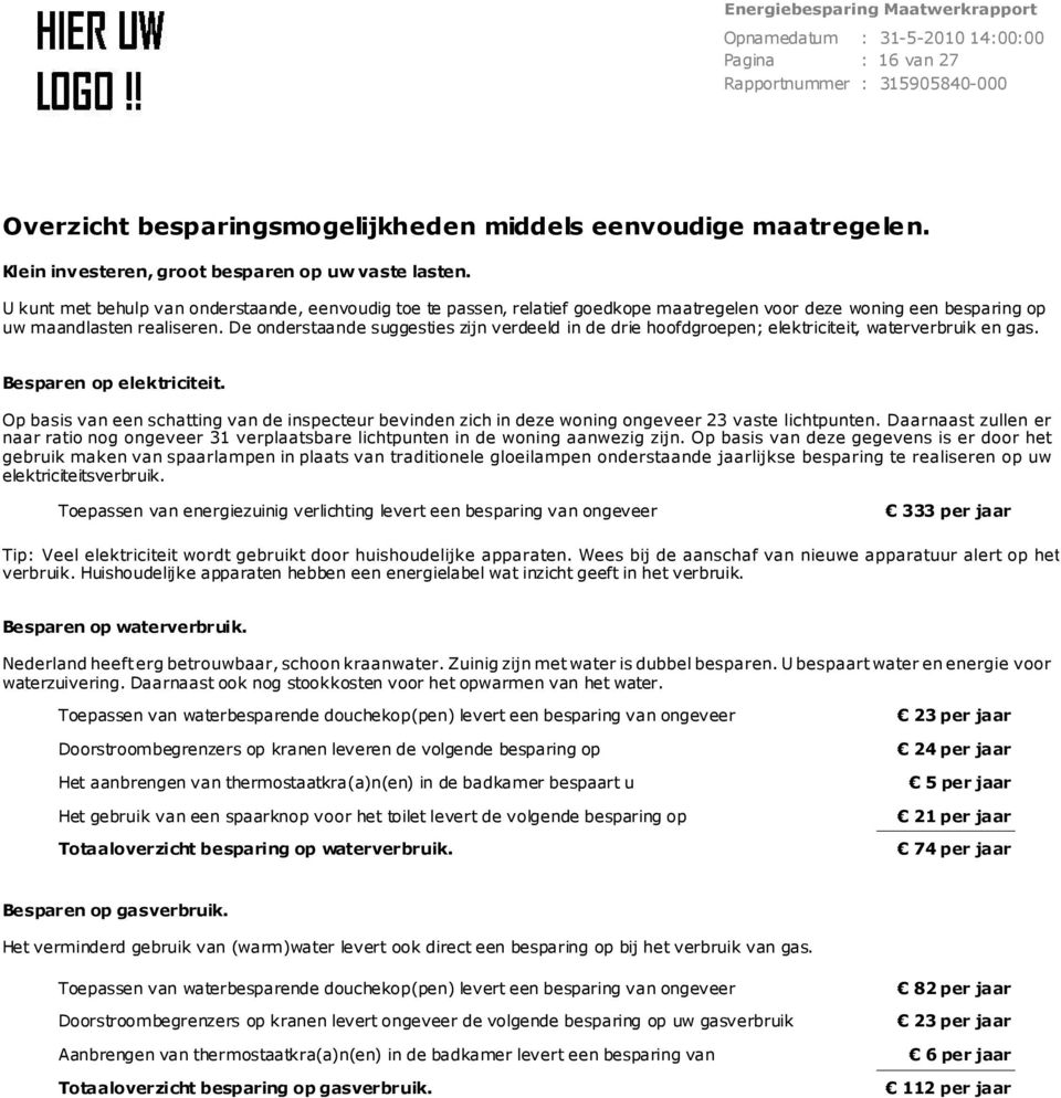 De onderstaande suggesties zijn verdeeld in de drie hoofdgroepen; elektriciteit, waterverbruik en gas. Besparen op elektriciteit.