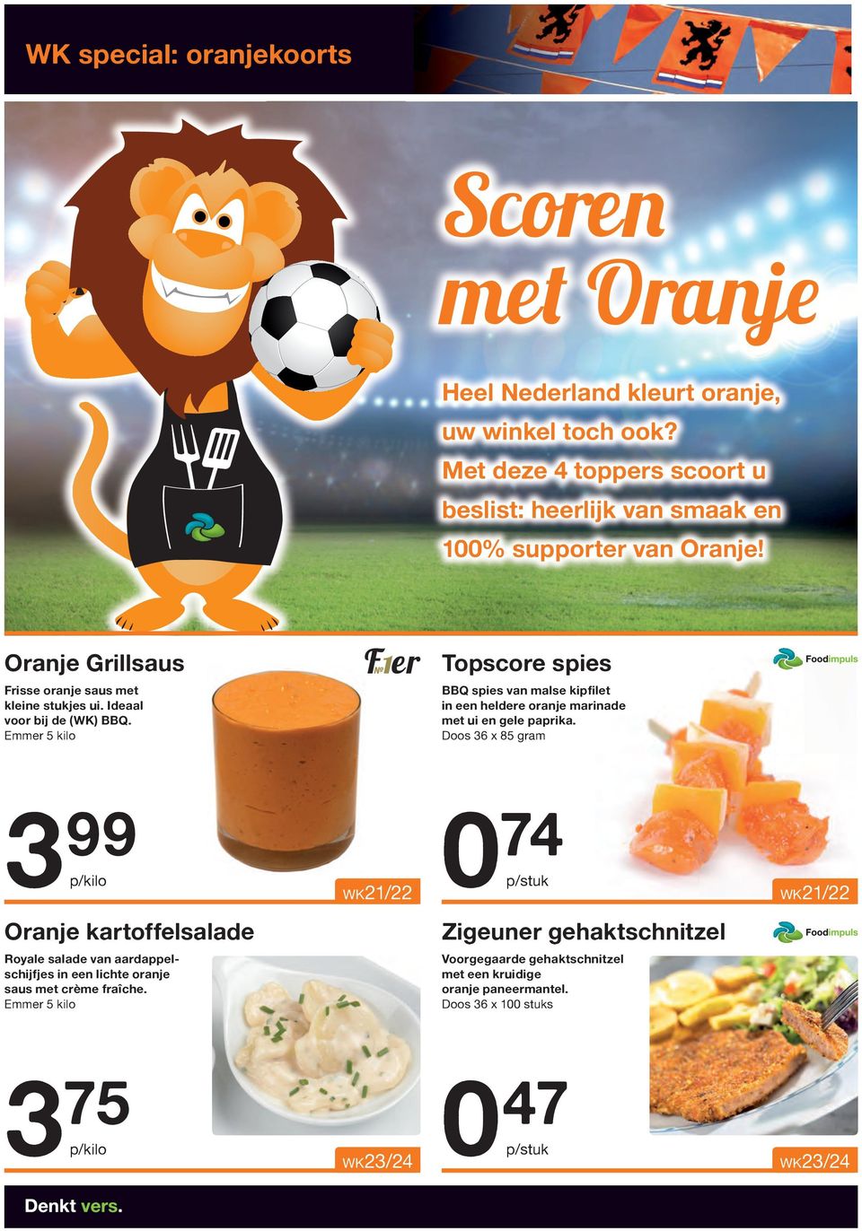 Ideaal voor bij de (WK) BBQ. Emmer 5 kilo BBQ spies van malse kipfilet in een heldere oranje marinade met ui en gele paprika.