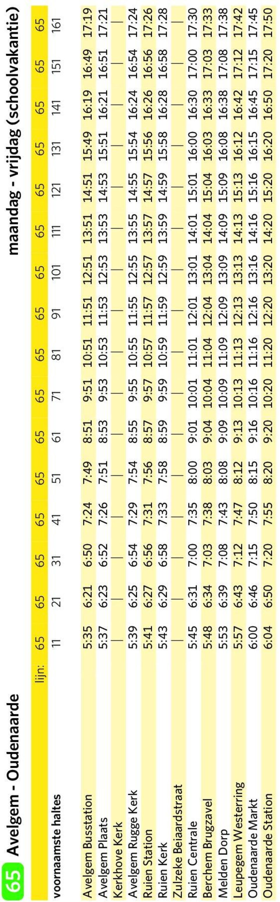 Avelgem Rugge Kerk 5:39 6:25 6:54 7:29 7:54 8:55 9:55 10:55 11:55 12:55 13:55 14:55 15:54 16:24 16:54 17:24 Ruien Sttion 5:41 6:27 6:56 7:31 7:56 8:57 9:57 10:57 11:57 12:57 13:57 14:57 15:56 16:26