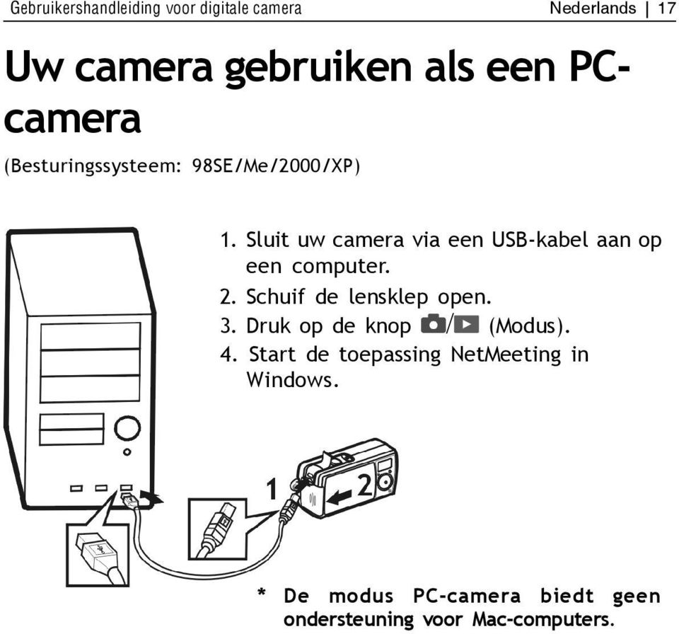 Sluit uw camera via een USB-kabel aan op een computer. 2. Schuif de lensklep open. 3.