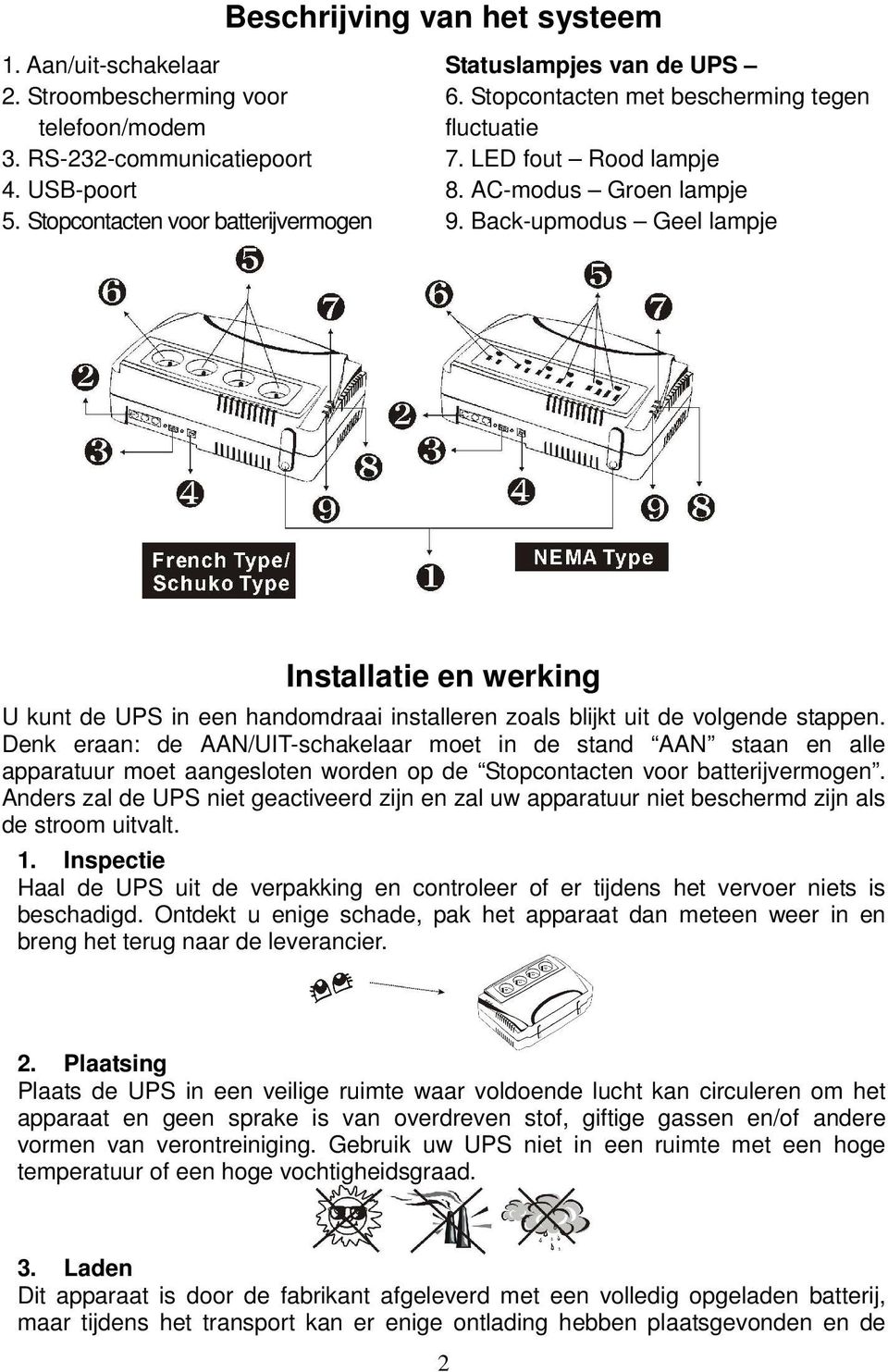 Back-upmodus Geel lampje Installatie en werking U kunt de UPS in een handomdraai installeren zoals blijkt uit de volgende stappen.