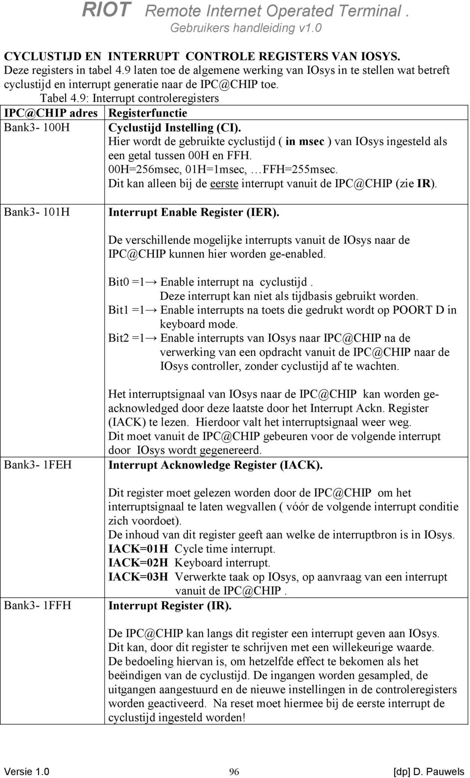 9: Interrupt controleregisters IPC@CHIP adres Bank3-100H Registerfunctie Cyclustijd Instelling (CI). Hier wordt de gebruikte cyclustijd ( in msec ) van IOsys ingesteld als een getal tussen 00H en FFH.