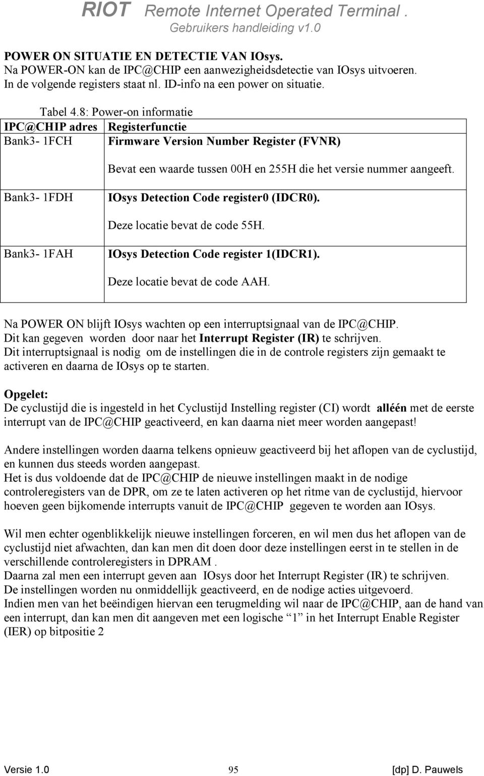 Bank3-1FDH IOsys Detection Code register0 (IDCR0). Deze locatie bevat de code 55H. Bank3-1FAH IOsys Detection Code register 1(IDCR1). Deze locatie bevat de code AAH.