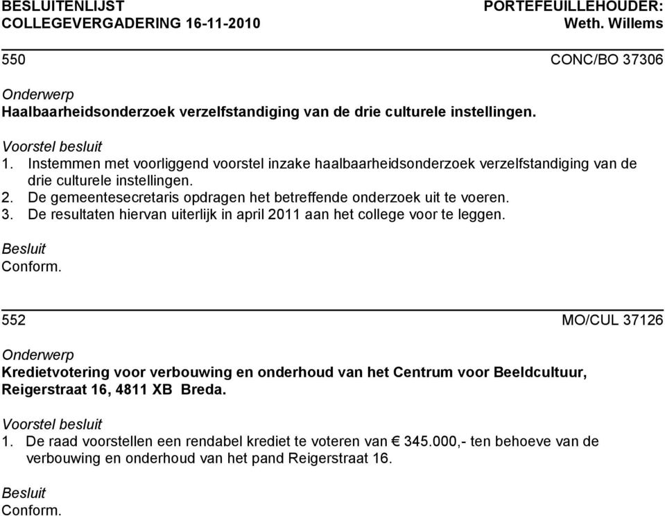 552 MO/CUL 37126 Kredietvotering voor verbouwing en onderhoud van het Centrum voor Beeldcultuur, Reigerstraat 16, 4811 XB Breda. 1. De raad voorstellen een rendabel krediet te voteren van 345.