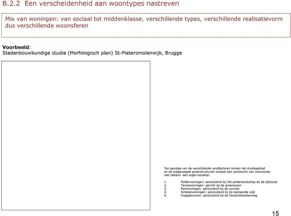 toegevoegde groenstructuren onstaat een patchwork van woonzones met telkens een eigen karakter. 1. Polderwoningen: aansluitend bij het polderlandschap en de dijkzone 2.