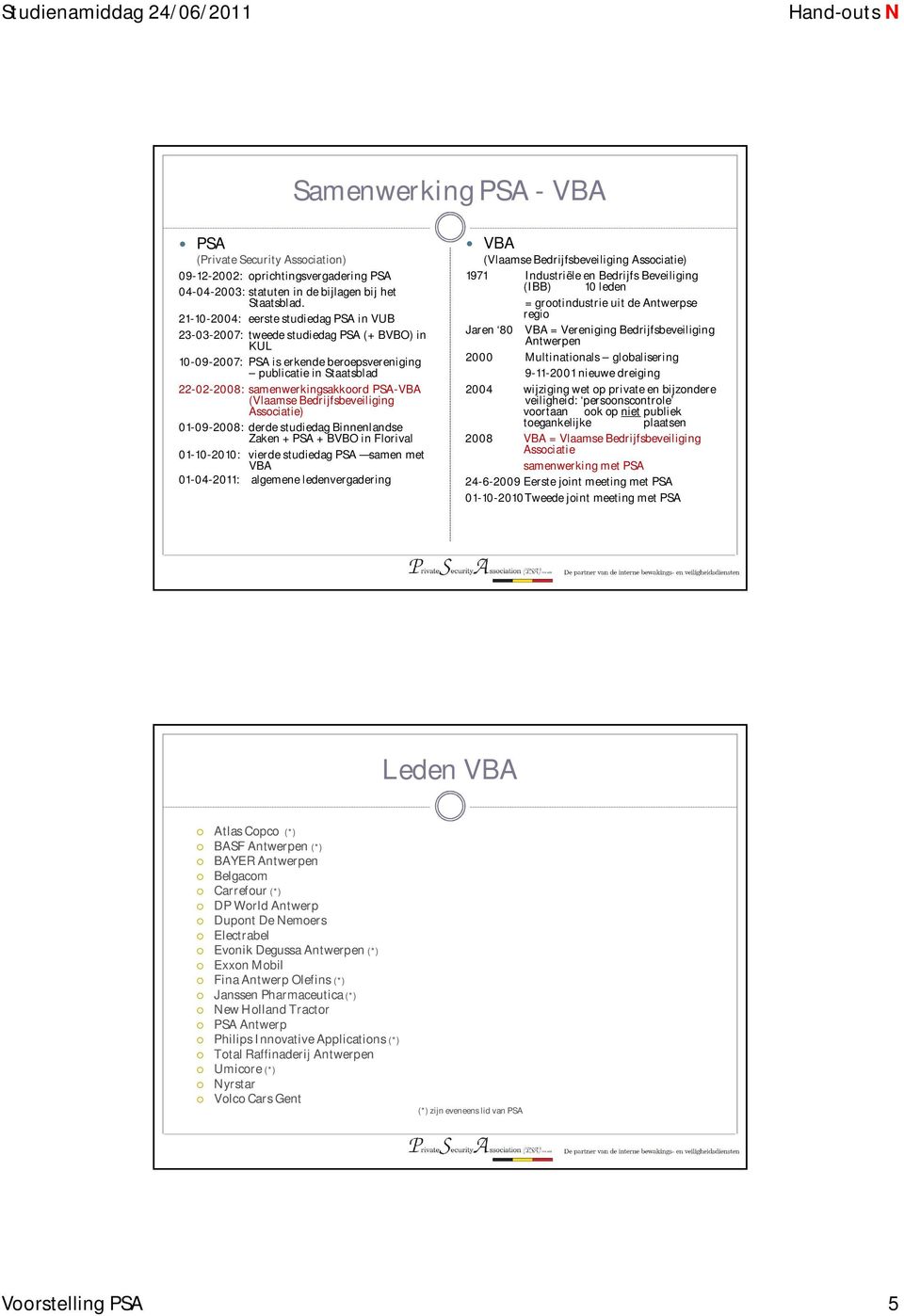 (Vlaamse Bedrijfsbeveiliging Associatie) 01-09-2008: derde studiedag Binnenlandse Zaken + PSA + BVBO in Florival 01-10-2010: vierde studiedag PSA samen met VBA 01-04-2011: algemene ledenvergadering
