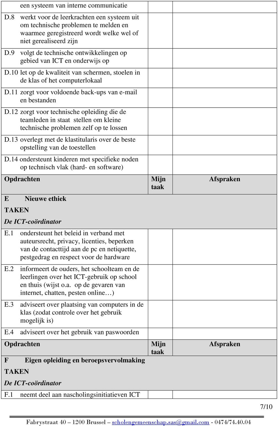 11 zorgt voor voldoende back-ups van e-mail en bestanden D.12 zorgt voor technische opleiding die de teamleden in staat stellen om kleine technische problemen zelf op te lossen D.